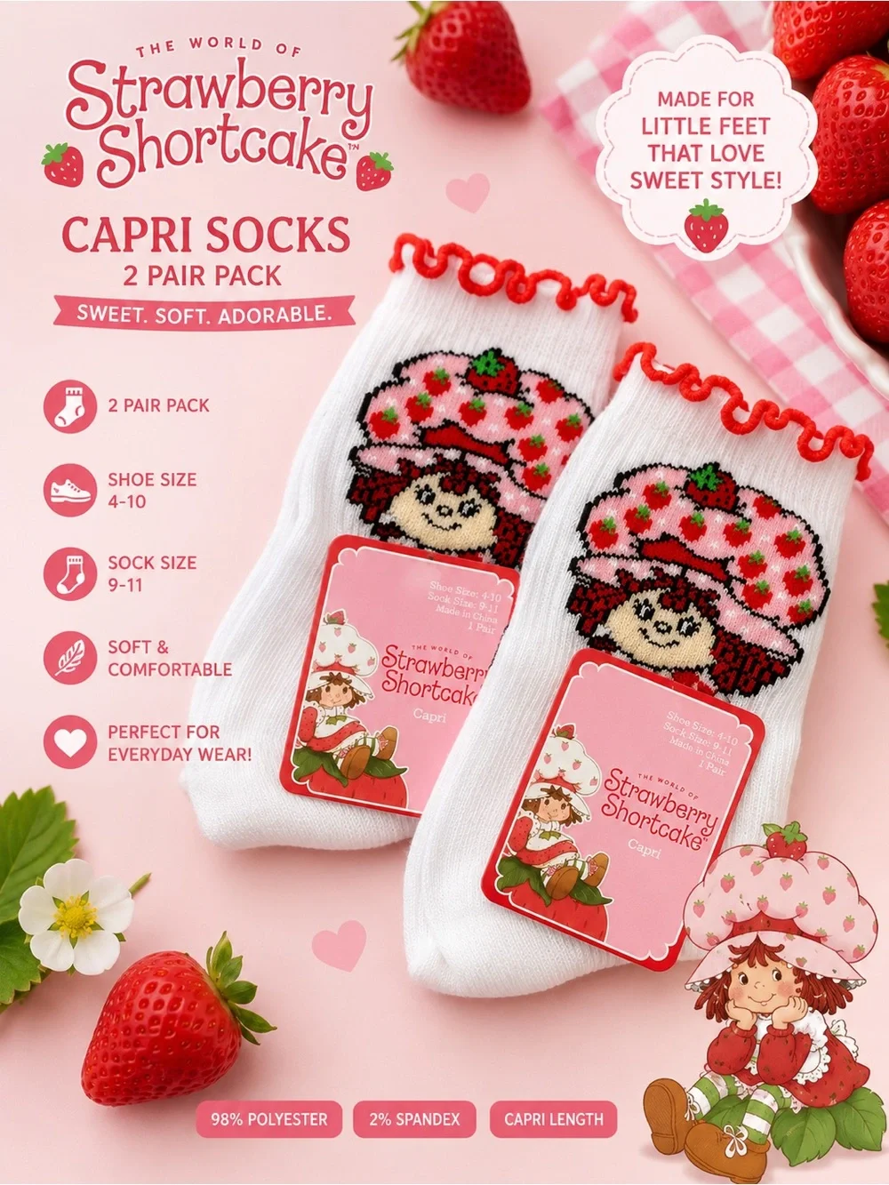 Strawberry Shortcake Girls' White Capri Socks - 2 Pair Pack